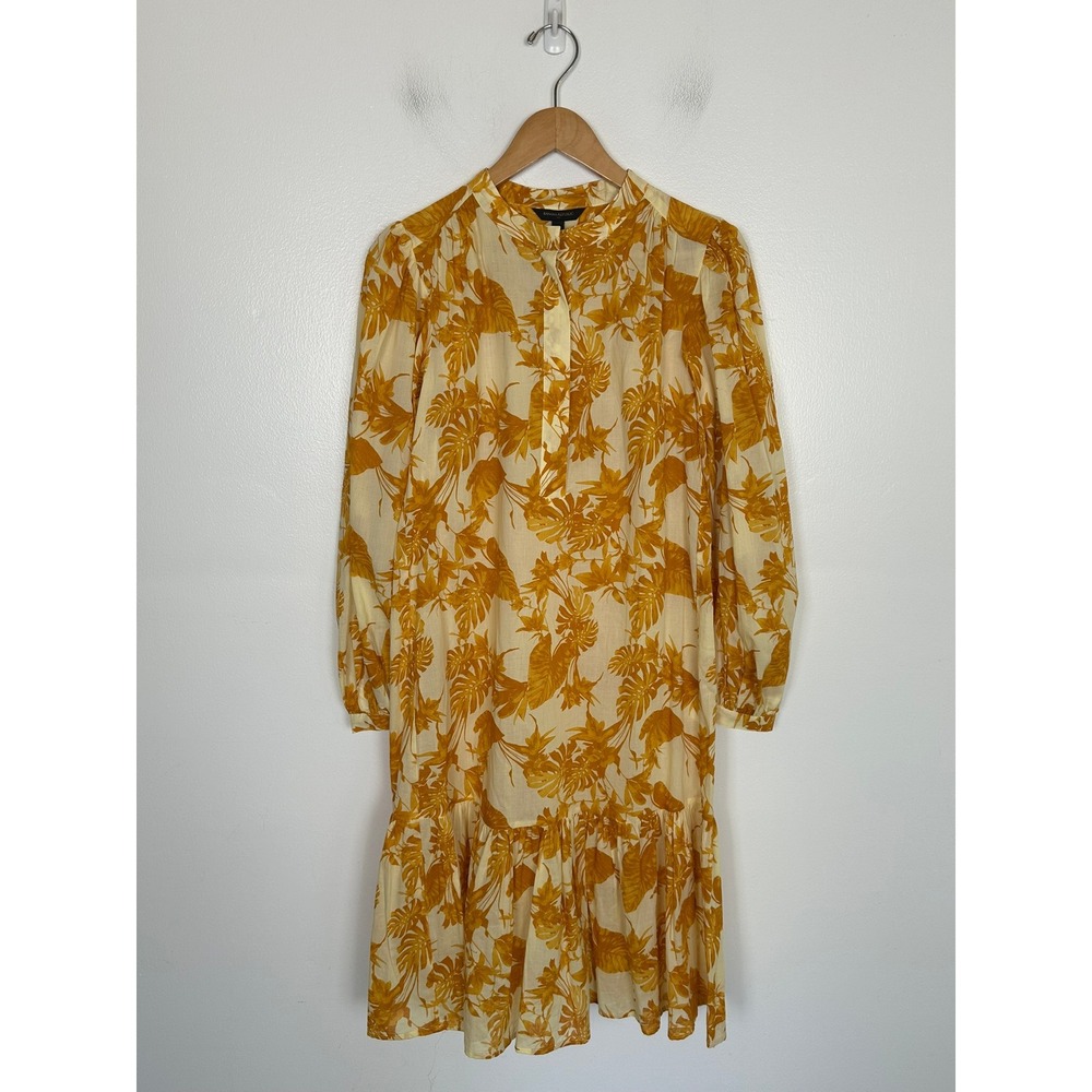 Banana Republic Tropical Palm Print Tiered Mini Dress Size L Yellow  Long Sleeve